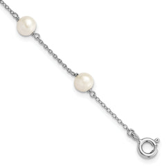 Sterling Silver Rhodium-plated 5-5.5mm White Semi-Round Freshwater Cultured Pearl 3-Station Children's 4 inch Bracelet