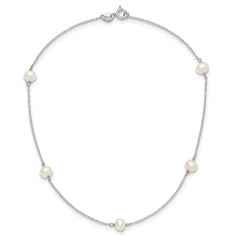 Sterling Silver Rhodium-plated 5-5.5mm White Semi-Round Freshwater Cultured Pearl 5-Station Children's 12 inch Necklace