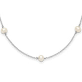 Sterling Silver Rhodium-plated 5-5.5mm White Semi-Round Freshwater Cultured Pearl 5-Station Children's 12 inch Necklace