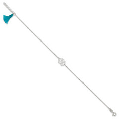 Sterling Silver Lotus with Blue Fabric Tassel 9 inch Plus 1 inch Extender - Total 10 inch Anklet