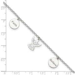 Sterling Silver Faith/Believe/Angel 9 inch Plus 1 inch Extender - Total 10 inch Anklet