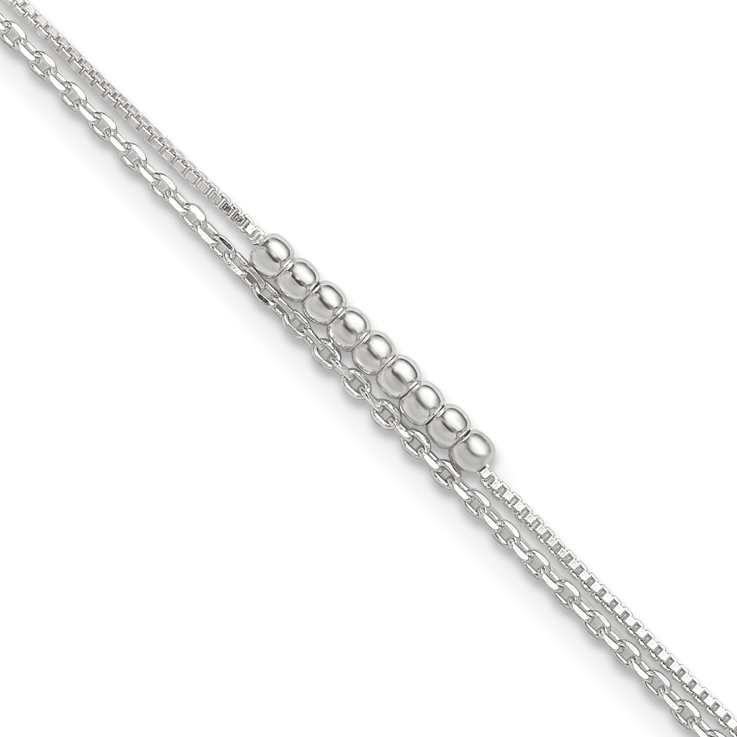 Sterling Silver Beaded 2-Strand 9 inch Plus 1 inch Extender - Total 10 inch Anklet
