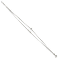 Sterling Silver 2-Strand Beaded CZ 9 inch Plus 1 inch Extender - Total 10 inch Anklet