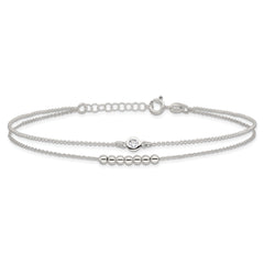 Sterling Silver 2-Strand Beaded CZ 9 inch Plus 1 inch Extender - Total 10 inch Anklet
