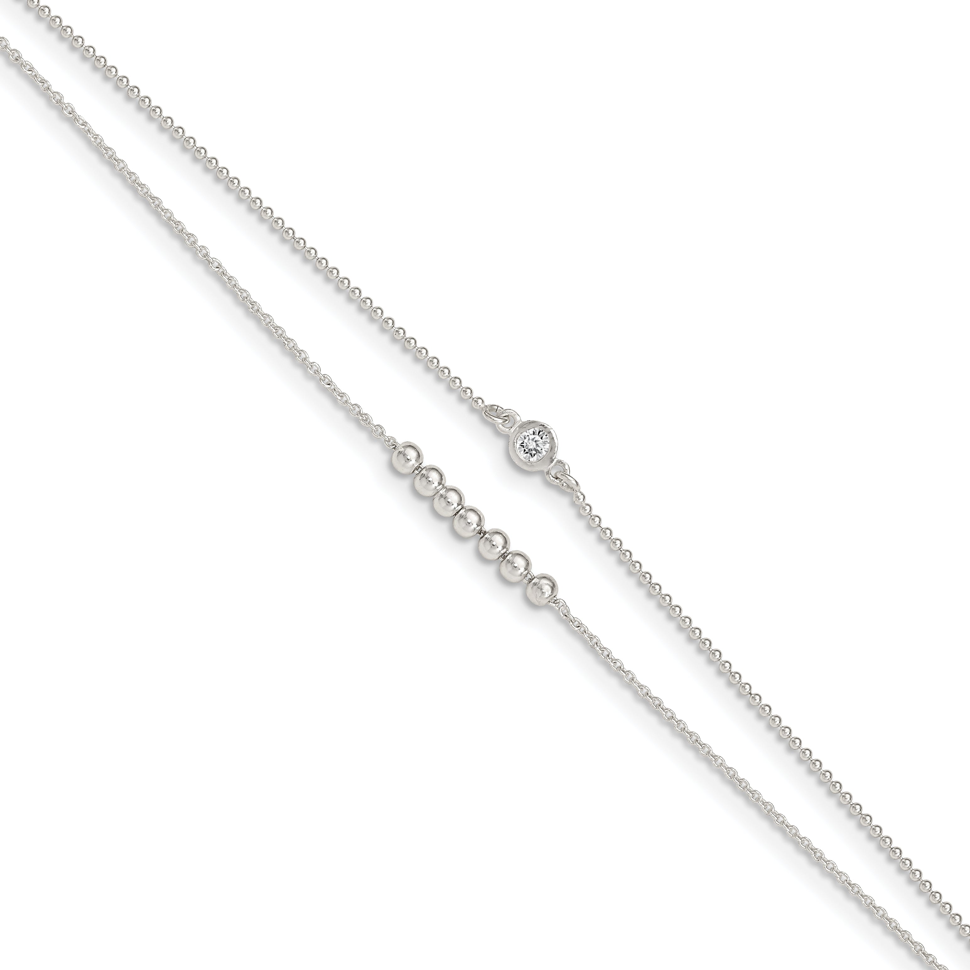 Sterling Silver 2-Strand Beaded CZ 9 inch Plus 1 inch Extender - Total 10 inch Anklet