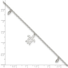 Sterling Silver Turtle and Beads 9 inch Plus 1 inch Extender - Total 10 inch Anklet