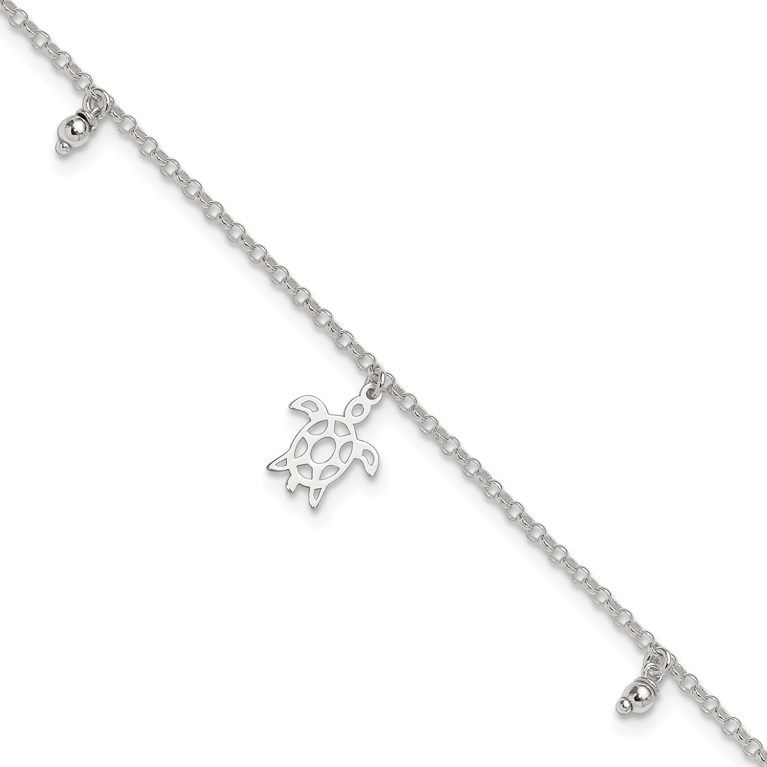 Sterling Silver Turtle and Beads 9 inch Plus 1 inch Extender - Total 10 inch Anklet
