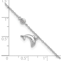 Sterling Silver Rhodium-plated CZ Dolphin 9 inch Plus 2 inch Extender - Total 11 inch Anklet