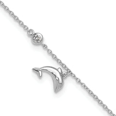 Sterling Silver Rhodium-plated CZ Dolphin 9 inch Plus 2 inch Extender - Total 11 inch Anklet