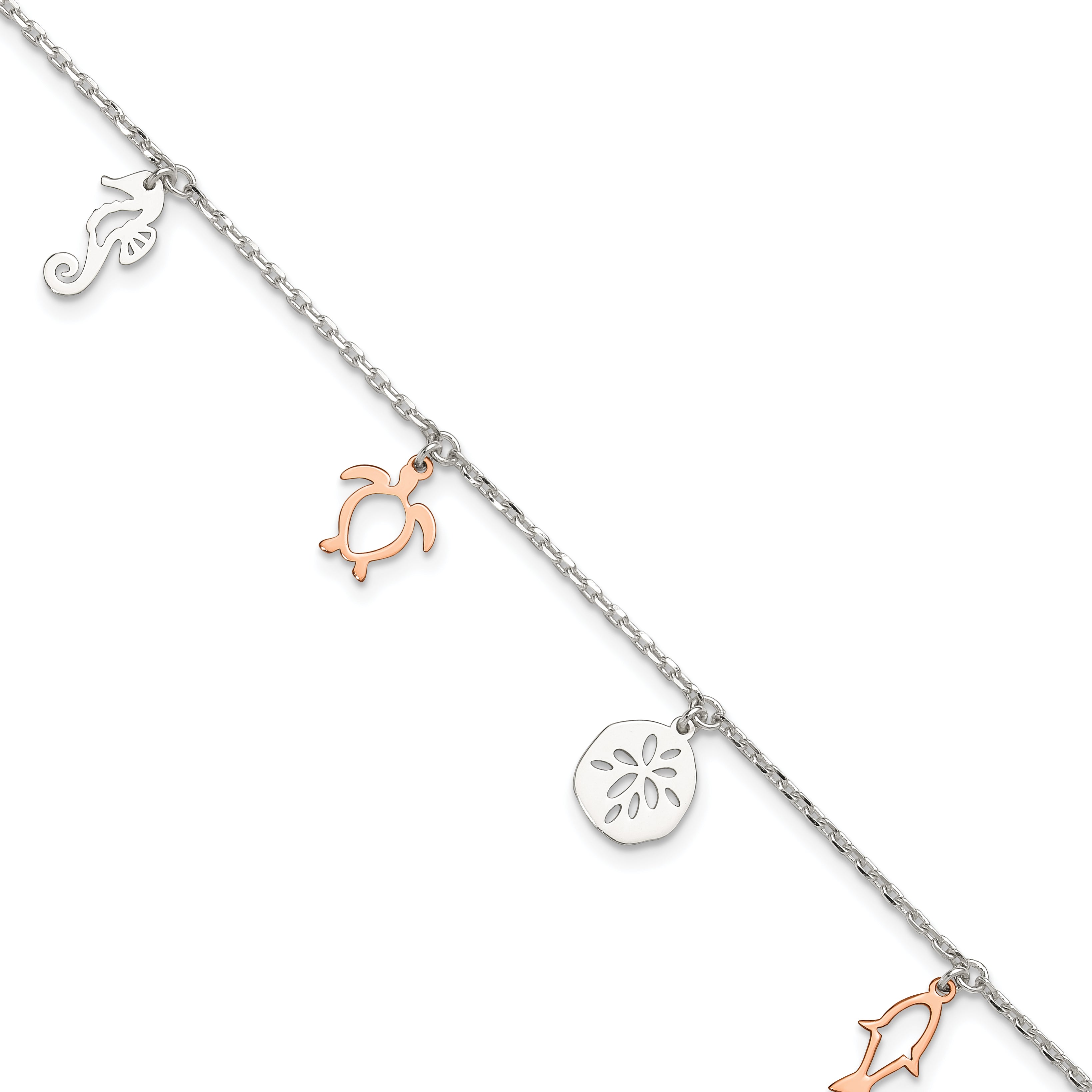 Sterling Silver Rose-tone Seashore Charms 9 inch Plus 1 inch Extender - Total 10 inch Anklet