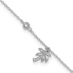 Sterling Silver Rhodium-plated CZ / Palm Tree 9 inch Plus 1 inch Extender - Total 10 inch Anklet