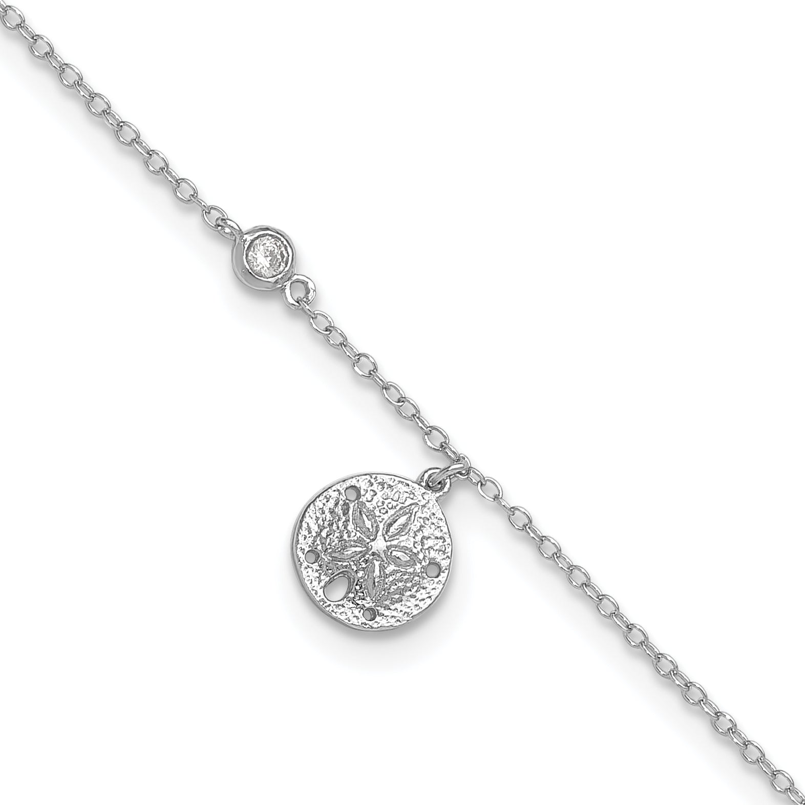 Sterling Silver Rhodium-plated CZ/ Sand Dollar 9 inch Plus 1 inch Extender - Total 10 inch Anklet