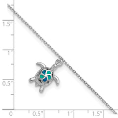 Sterling Silver Rhodium-plated Created Opal Turtle 9 inch Plus 1 inch Extender - Total 10 inch Anklet
