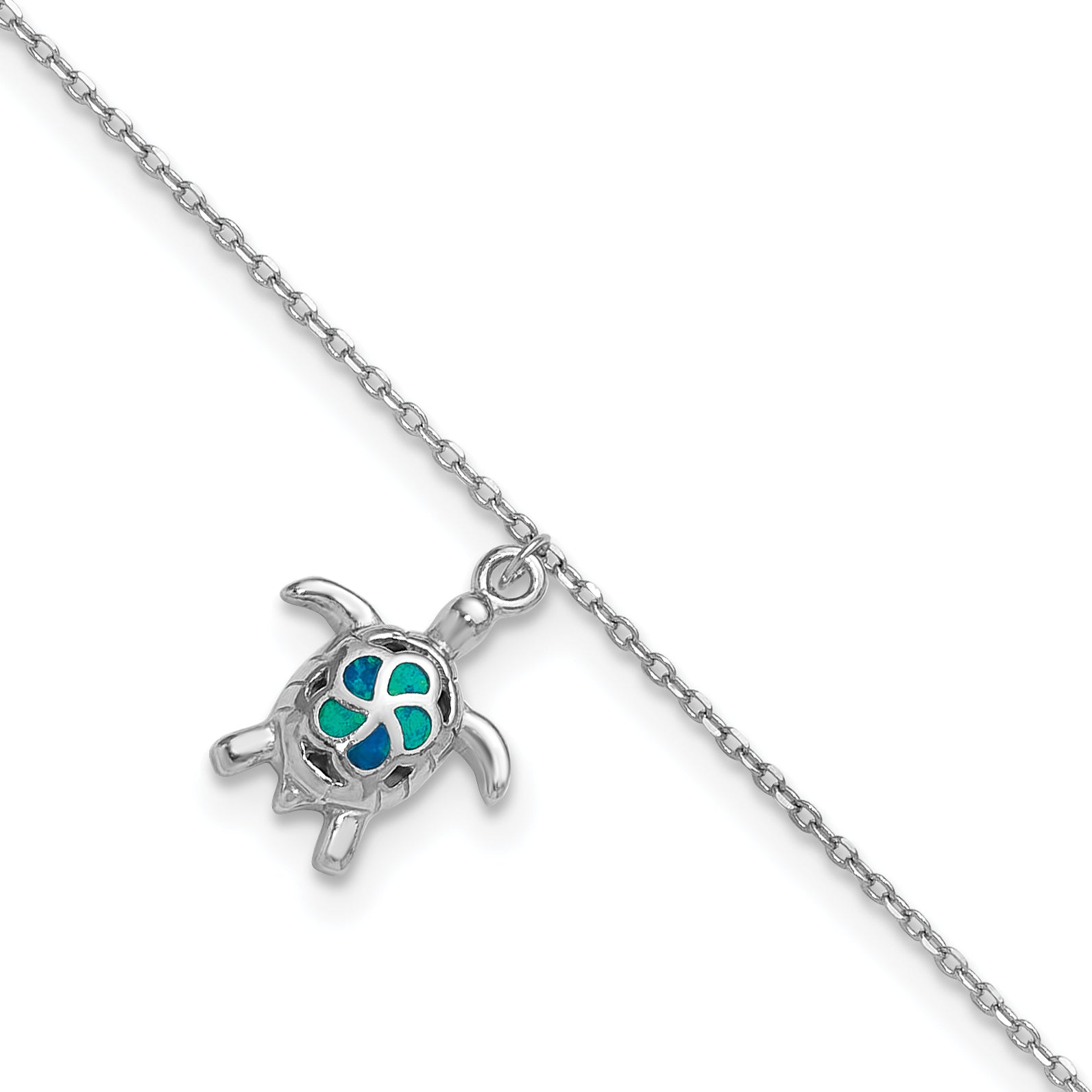 Sterling Silver Rhodium-plated Created Opal Turtle 9 inch Plus 1 inch Extender - Total 10 inch Anklet