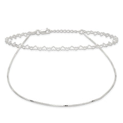 Sterling Silver 2-Strand Heart Link 9 inch Plus 1 inch Extender - Total 10 inch Anklet