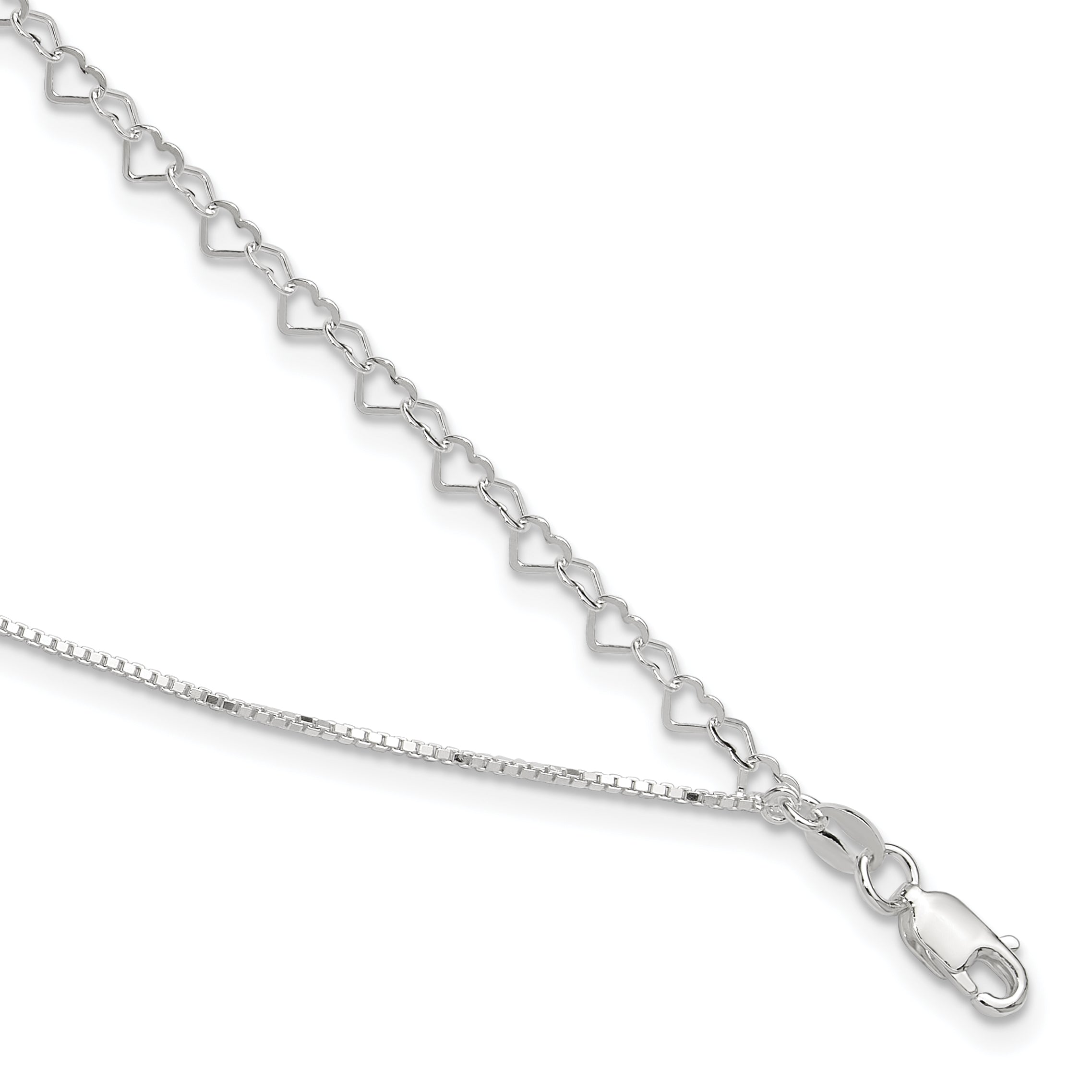 Sterling Silver 2-Strand Heart Link 9 inch Plus 1 inch Extender - Total 10 inch Anklet