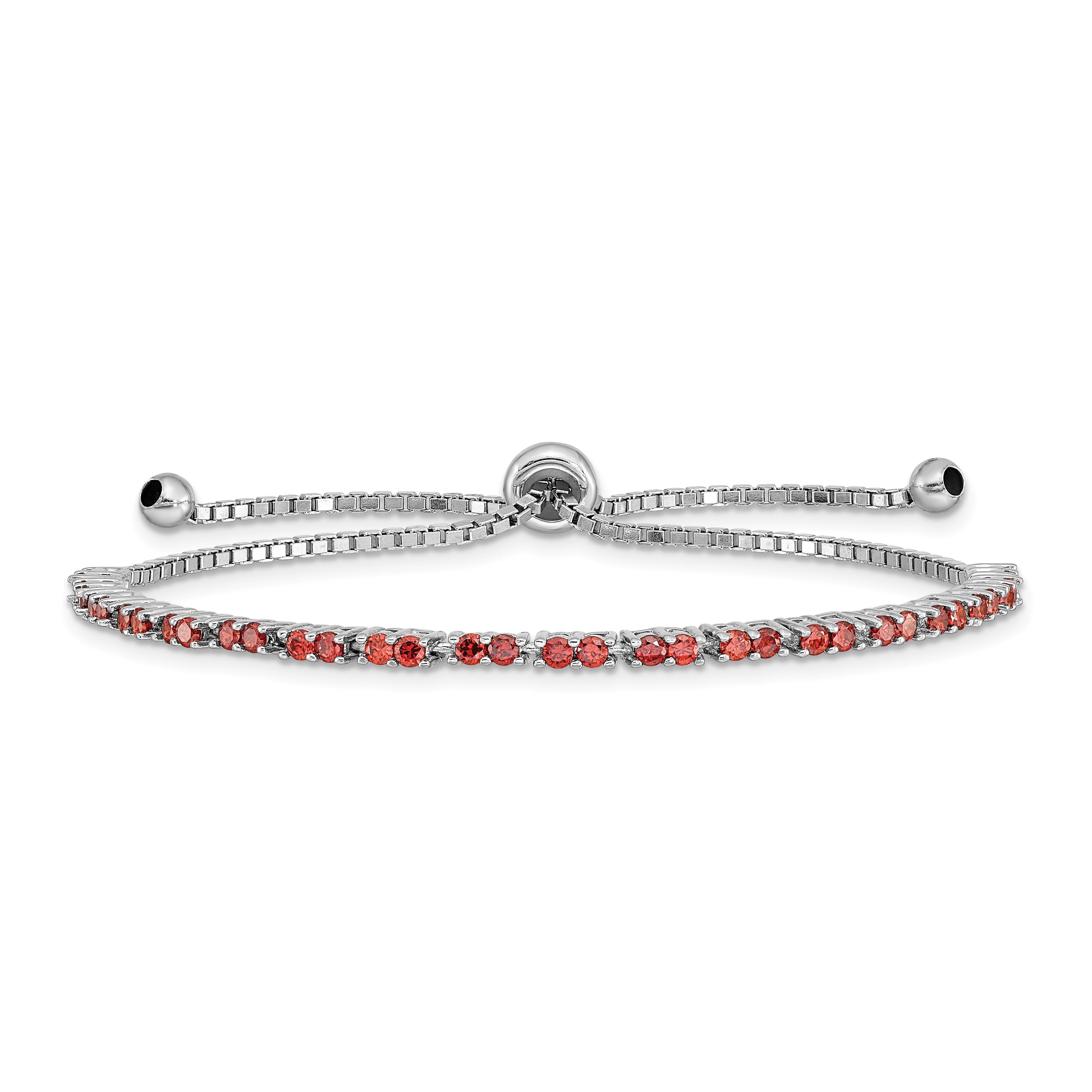 Sterling Silver Rhod-plated January Red CZ Adjustable Bracelet
