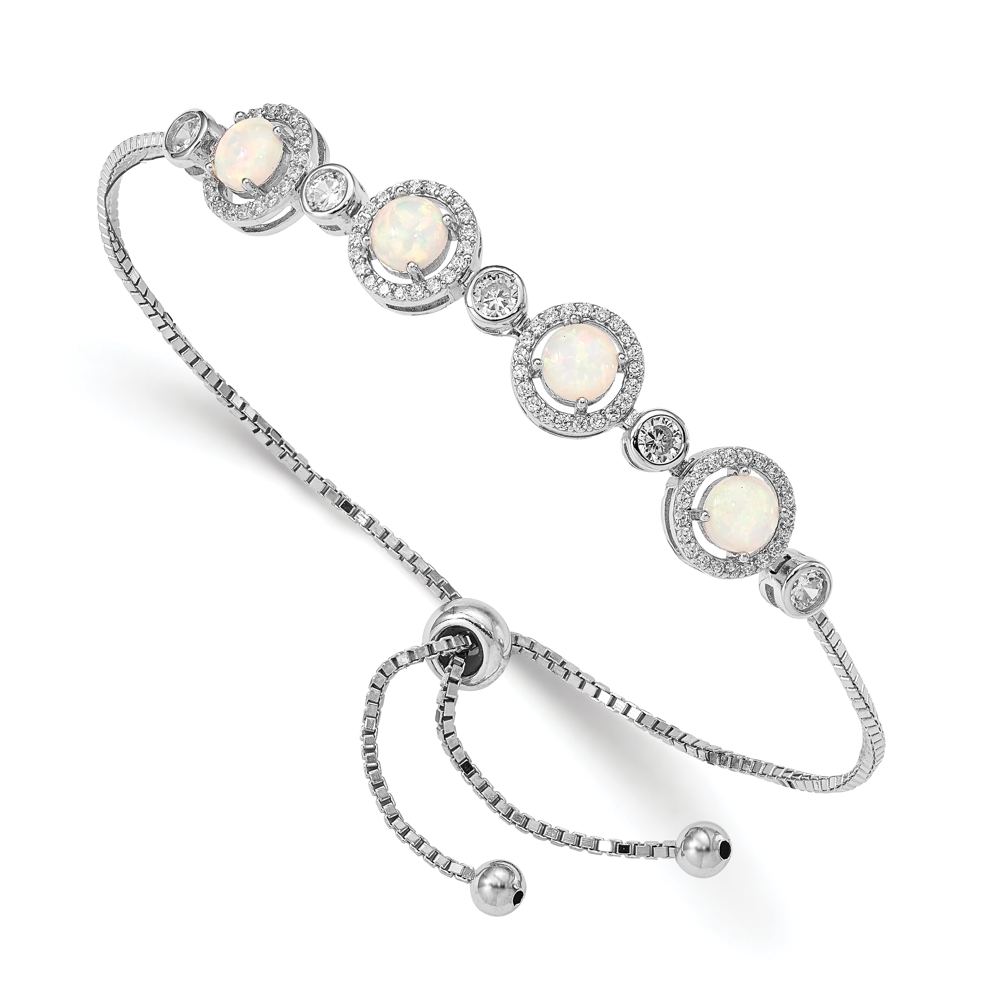 Sterling Silver RH-plated Created Opal and CZ Adjustable Bracelet