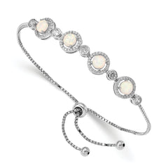 Sterling Silver RH-plated Created Opal and CZ Adjustable Bracelet