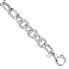 Sterling Silver Rhodium Plated Polished Textured Fancy Link Bracelet