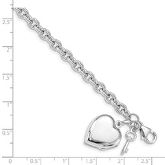 Sterling Silver Rhodium-plated Puffed Heart Locket & Key Bracelet