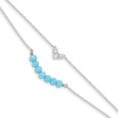 Sterling Silver CZ and Blue Glass Beads With 1in ext. Bracelet