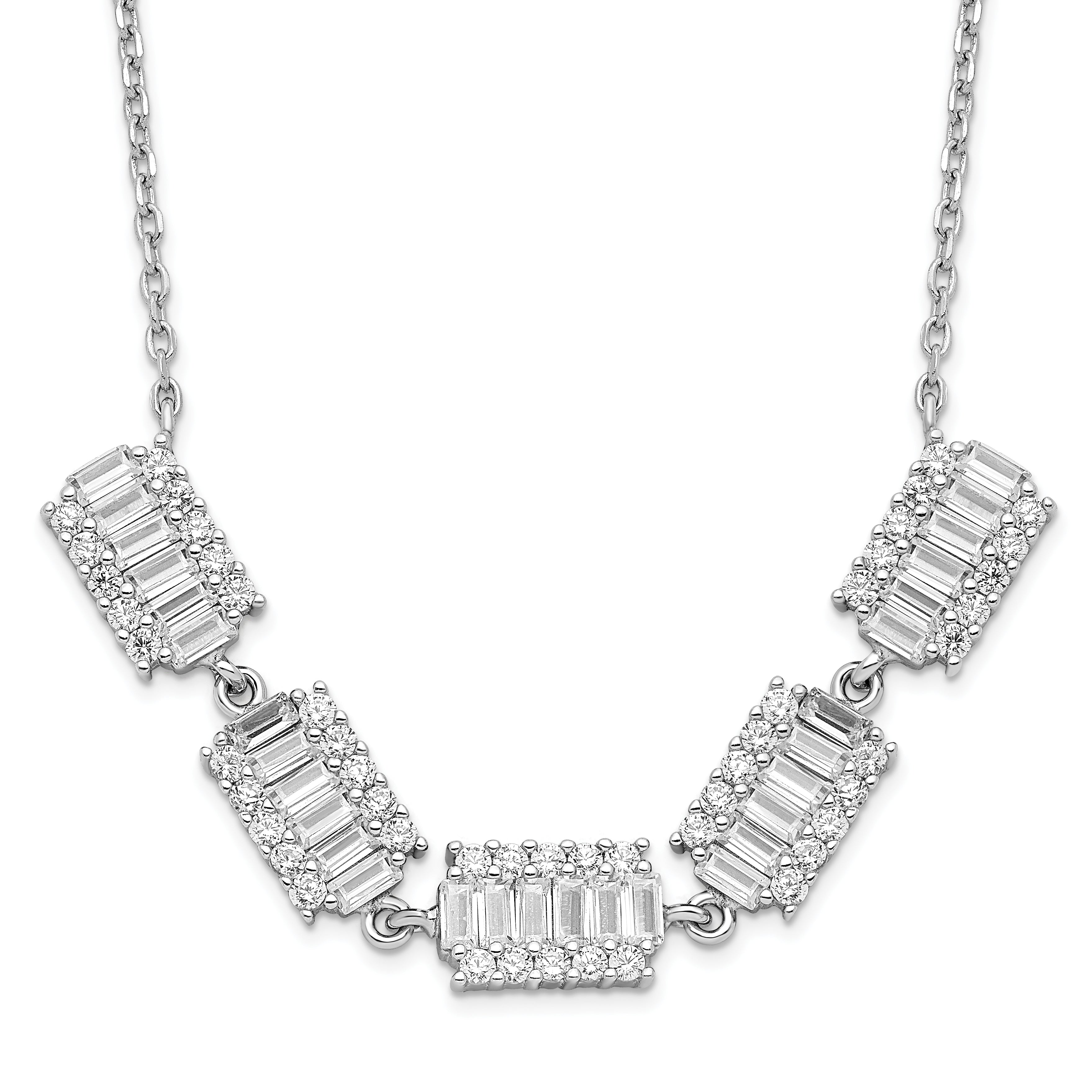 Sterling Silver Rhodium-plated Baguette CZ Bars With 1in ext. Necklace