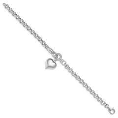 Sterling Silver Polished Rolo With Dangle Heart Charm Bracelet