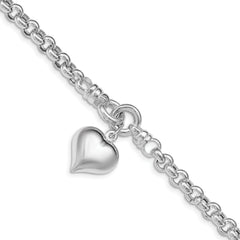 Sterling Silver Polished Rolo With Dangle Heart Charm Bracelet