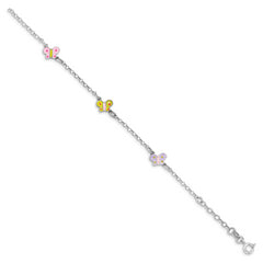 Sterling Silver Rhodium-plated Polished Multi-color Enameled Butterflies Children's Bracelet