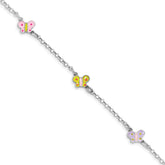 Sterling Silver Rhodium-plated Polished Multi-color Enameled Butterflies Children's Bracelet