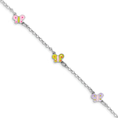 Sterling Silver Rhodium-plated Polished Multi-color Enameled Butterflies Children's Bracelet