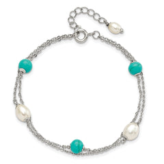 Sterling Silver Rhodium-plated Turquoise/FWC Pearl With 1in Ext Bracelet