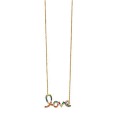 Prizma Sterling Silver Gold-tone 14K Flash Gold-plated 16 inch Colorful CZ LOVE Necklace with 2 inch Extender