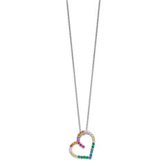 Prizma Sterling Silver Rhodium-plated 18 inch with 1 inch extender Fancy Lobster Clasp Colorful CZ Open Heart Necklace