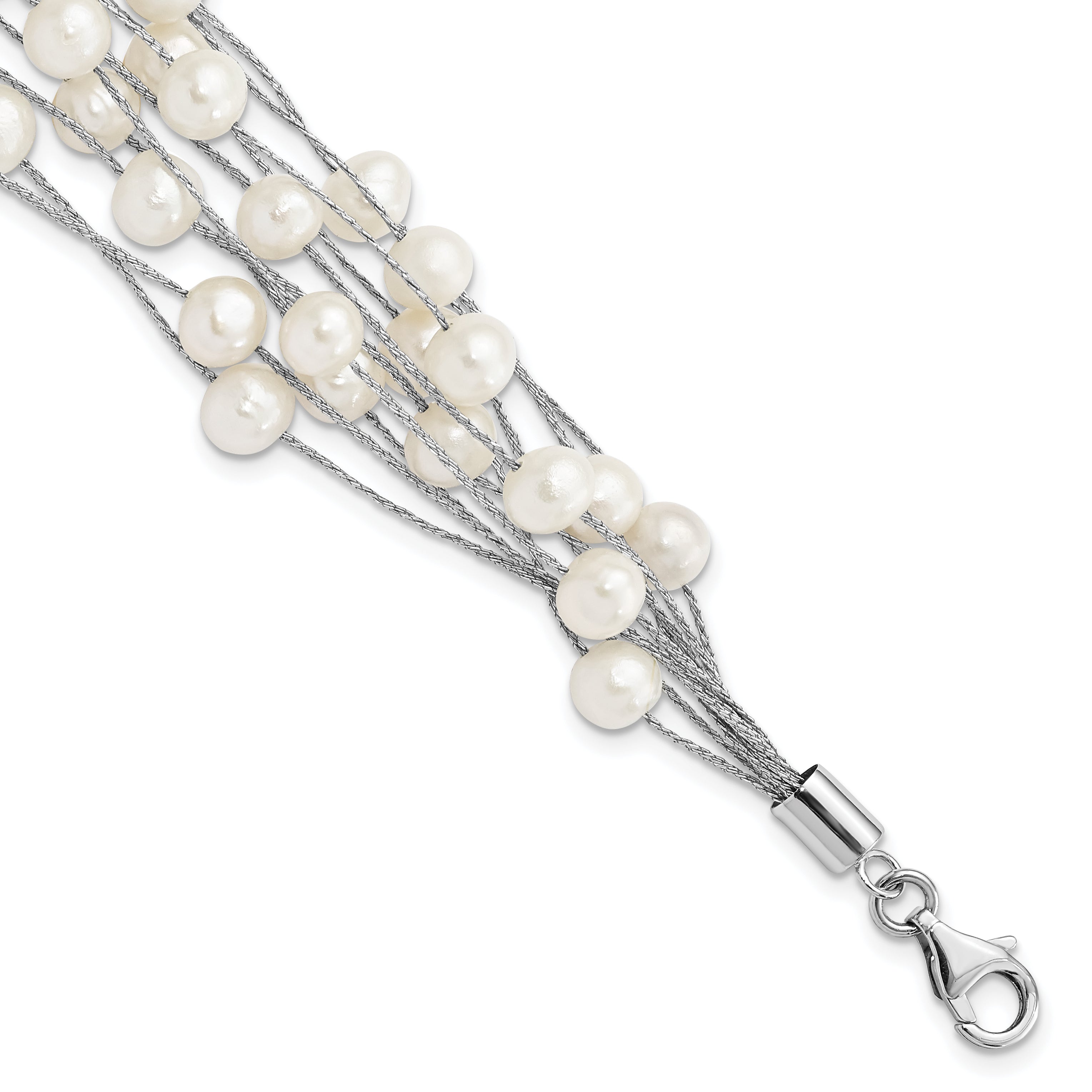 Sterling Silver Rhodium-plated 5-6mm White Semi-Round Freshwater Cultured Pearl Multi Strand 7.25 inch Bracelet
