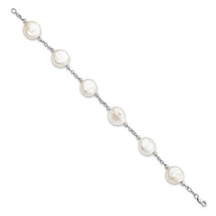 Sterling Silver Rhodium-plated 12-13mm White Coin Freshwater Cultured Pearl 6-Station 7.5 inch Bracelet