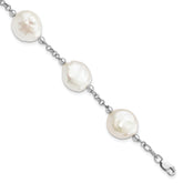 Sterling Silver Rhodium-plated 12-13mm White Coin Freshwater Cultured Pearl 6-Station 7.5 inch Bracelet