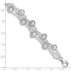 Sterling Silver Rhodium-plated 7-9mm Grey Semi-Round Freshwater Cultured Pearl and Glass Beaded 7.5 inch Bracelet