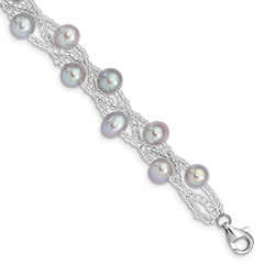 Sterling Silver Rhodium-plated 7-9mm Grey Semi-Round Freshwater Cultured Pearl and Glass Beaded 7.5 inch Bracelet