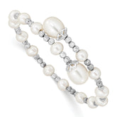 Sterling Silver Rhodium-plated 5-6mm and 8mm White Teardrop and Near-Round White Freshwater Cultured Pearl Wrap Flexible Bangle