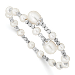 Sterling Silver Rhodium-plated 5-6mm and 8mm White Teardrop and Near-Round White Freshwater Cultured Pearl Wrap Flexible Bangle