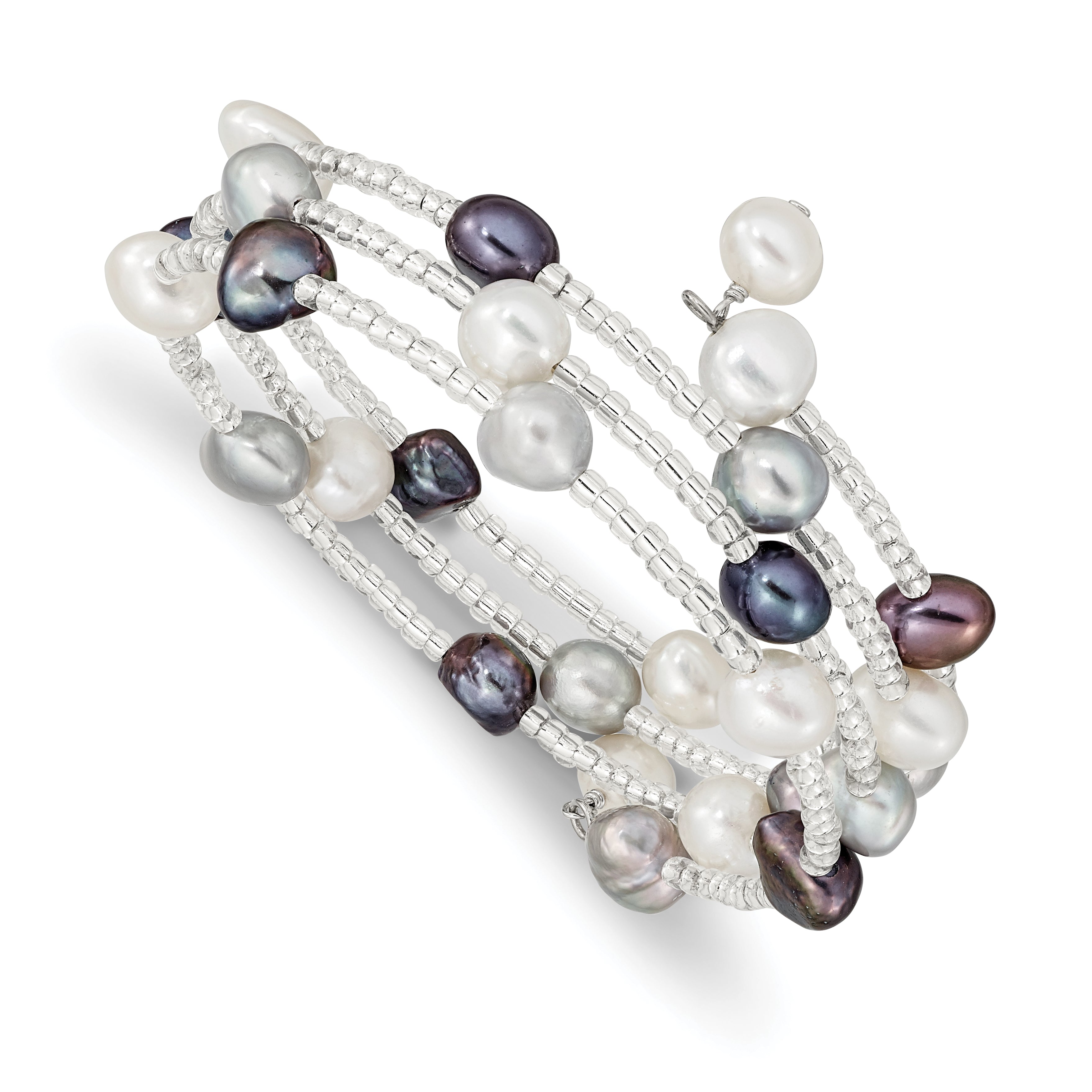 7-8mm Black, Grey and White Baroque Freshwater Cultured Pearl and Glass Beaded 3-row Warp Bracelet