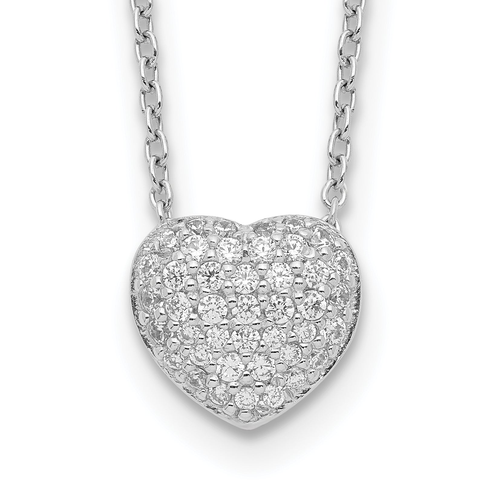 Sterling Silver Rhodium Plated CZ Heart With 1.5in ext Necklace
