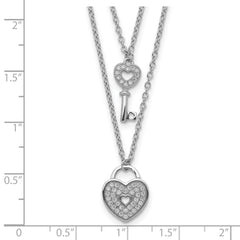 Sterling Silver Rhodium-plated CZ Heart Lock/Key With 2in ext Necklace