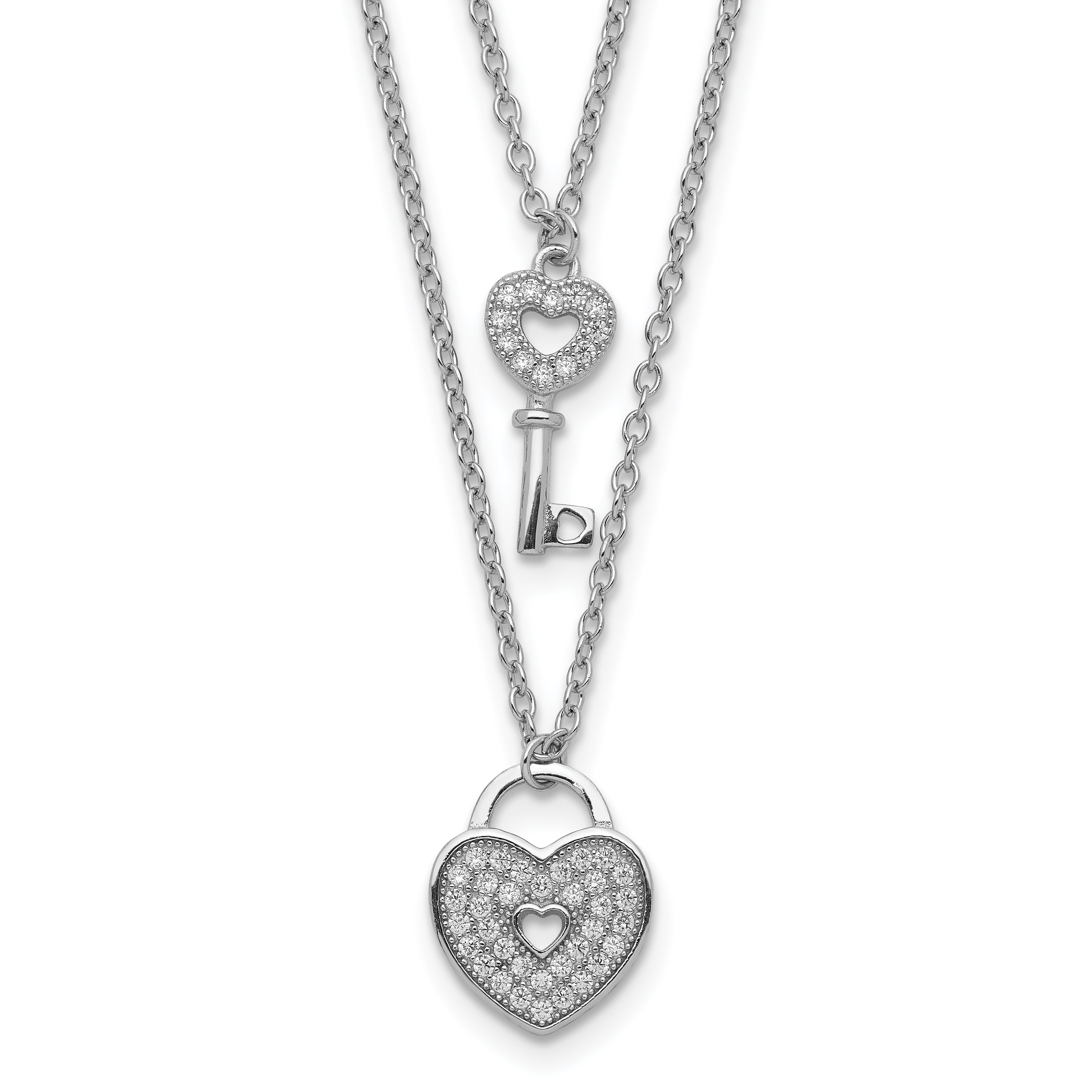 Sterling Silver Rhodium-plated CZ Heart Lock/Key With 2in ext Necklace