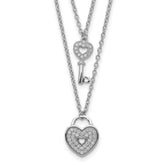 Sterling Silver Rhodium-plated CZ Heart Lock/Key With 2in ext Necklace