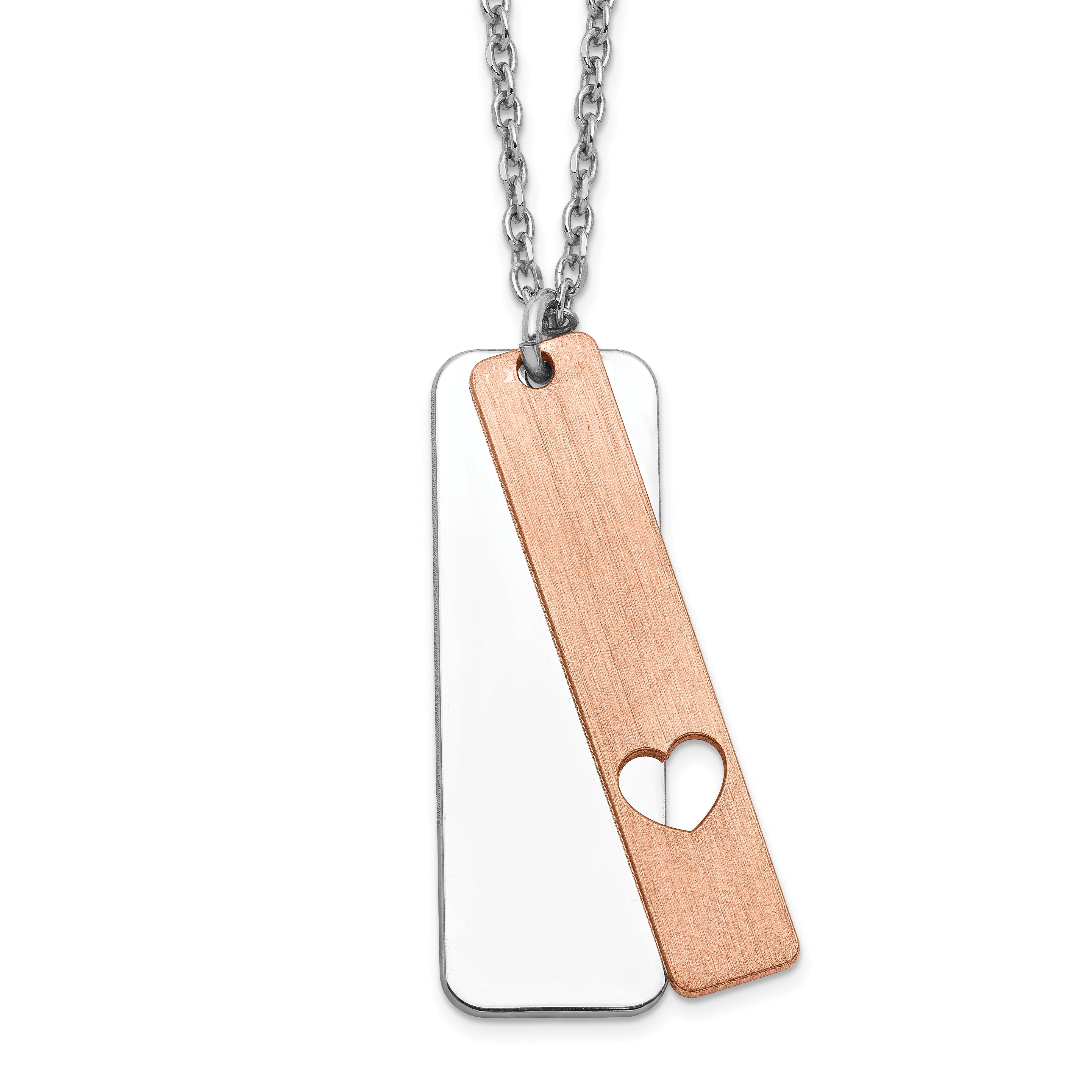Sterling Silver RH-plated Dogtag With Rose-tone Heart With 1.25in ext Necklace