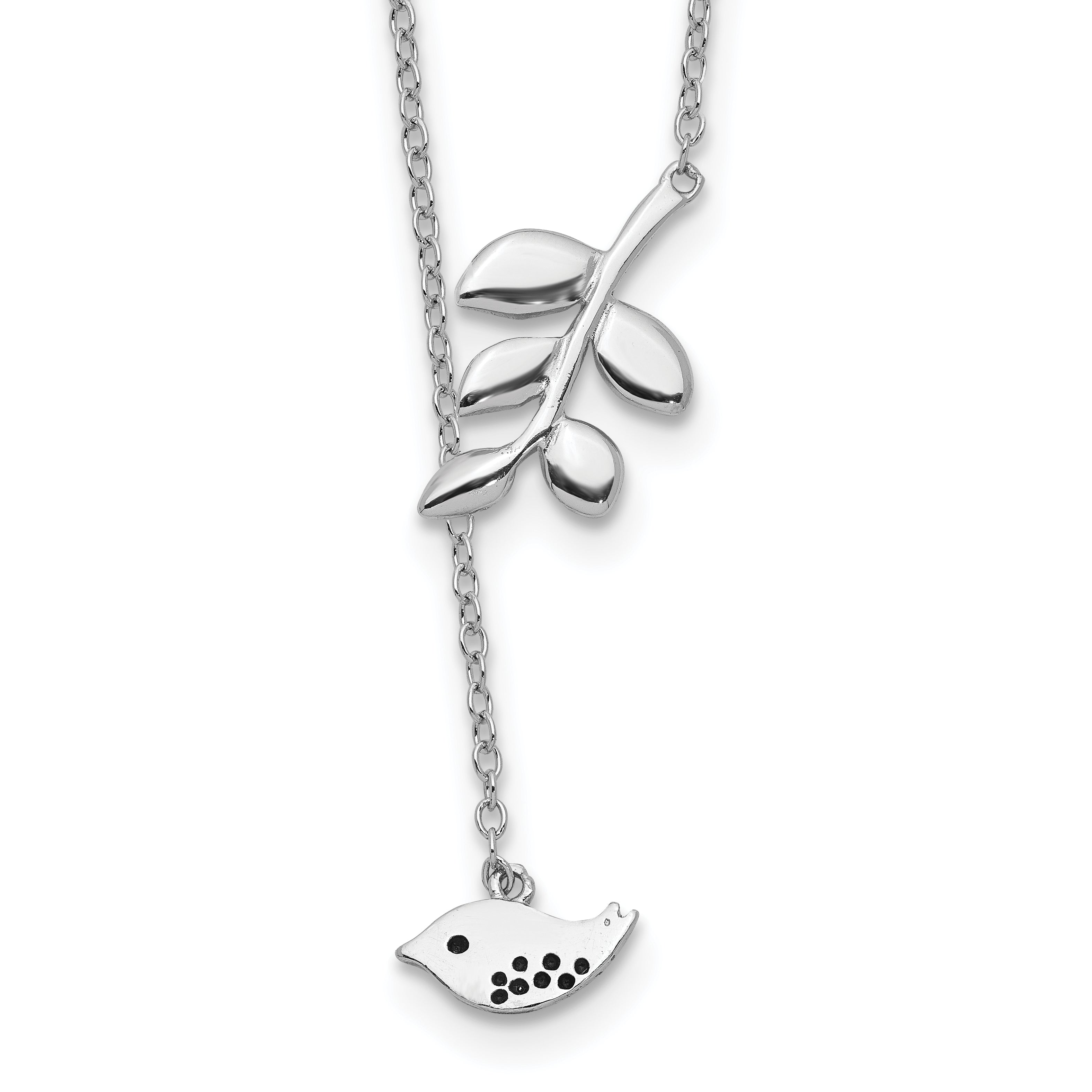 Sterling Silver Rhodium-plated Leaf and Bird With 2in ext. Necklace