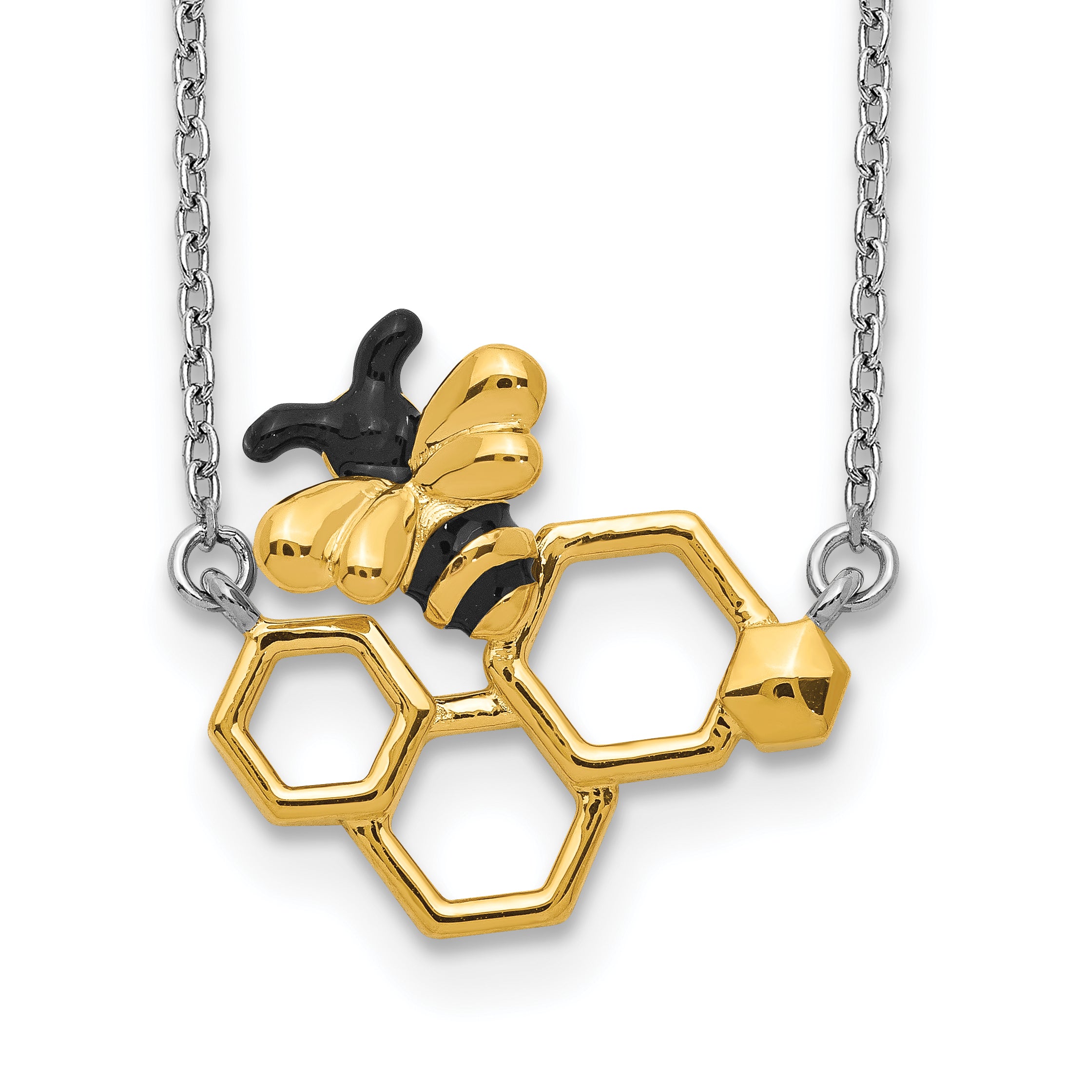 Sterling Silver RH-plated Gold-tone Enamel Bee With 2 in ext Necklace